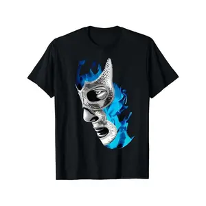 Mex-Art Demon Blue Lucha Libre Mexican Wrestler Graphic T-Shirt (Mens) -  soft breathable regular fit casual tee with vibrant mask print, double needle seams, machine washable, sizes S-3XL, wrestling t-shirt, everyday wear top, durable fabric s