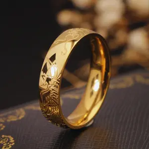 18K gold plated copper dragon and phoenix engraved ring, simple, fashionable, versatile for women to wear daily, party, festival