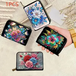 1 Colorful flower-patterned diamond-painted card bag and coin wallet, DIY diamond painting set, large-capacity multi-slot zipper closure design suitable for festivals and daily use, Pu Leather Wallet, Fashionable Wallet, Durable Fashion Wallet