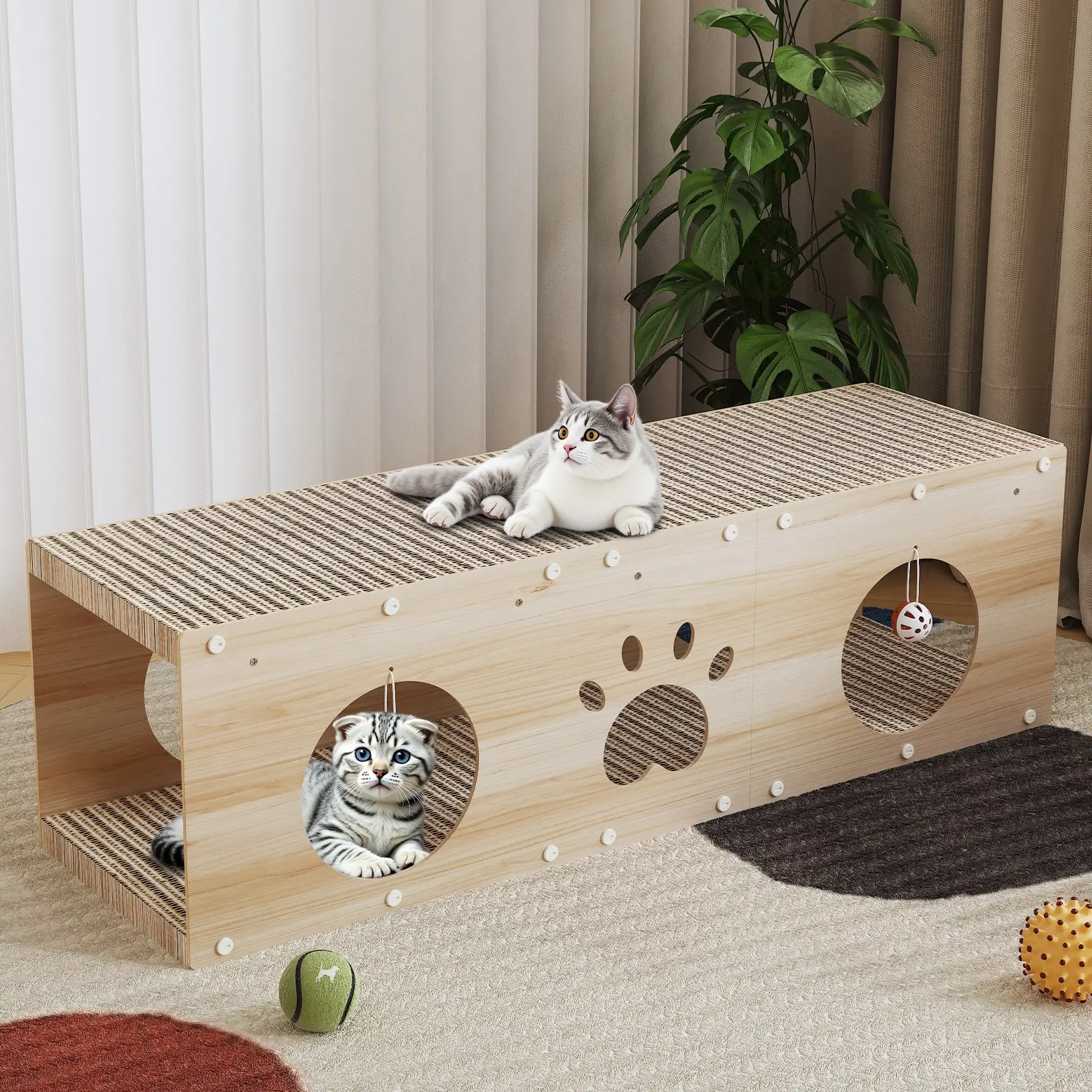 IRONCK Large Wooden Cat House & Scratcher with Ball Toy | 2-in-1 Pet Furniture for Indoor Cats, Durable Cat Bed & Playhouse