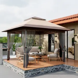 Pop Up Gazebo 12x12 FT, Outdoor Patio Gazebo with Vented Soft Canopy and Mosquito Netting, Double Roofs Tent for Patio Garden Backyard, Khaki/Grey