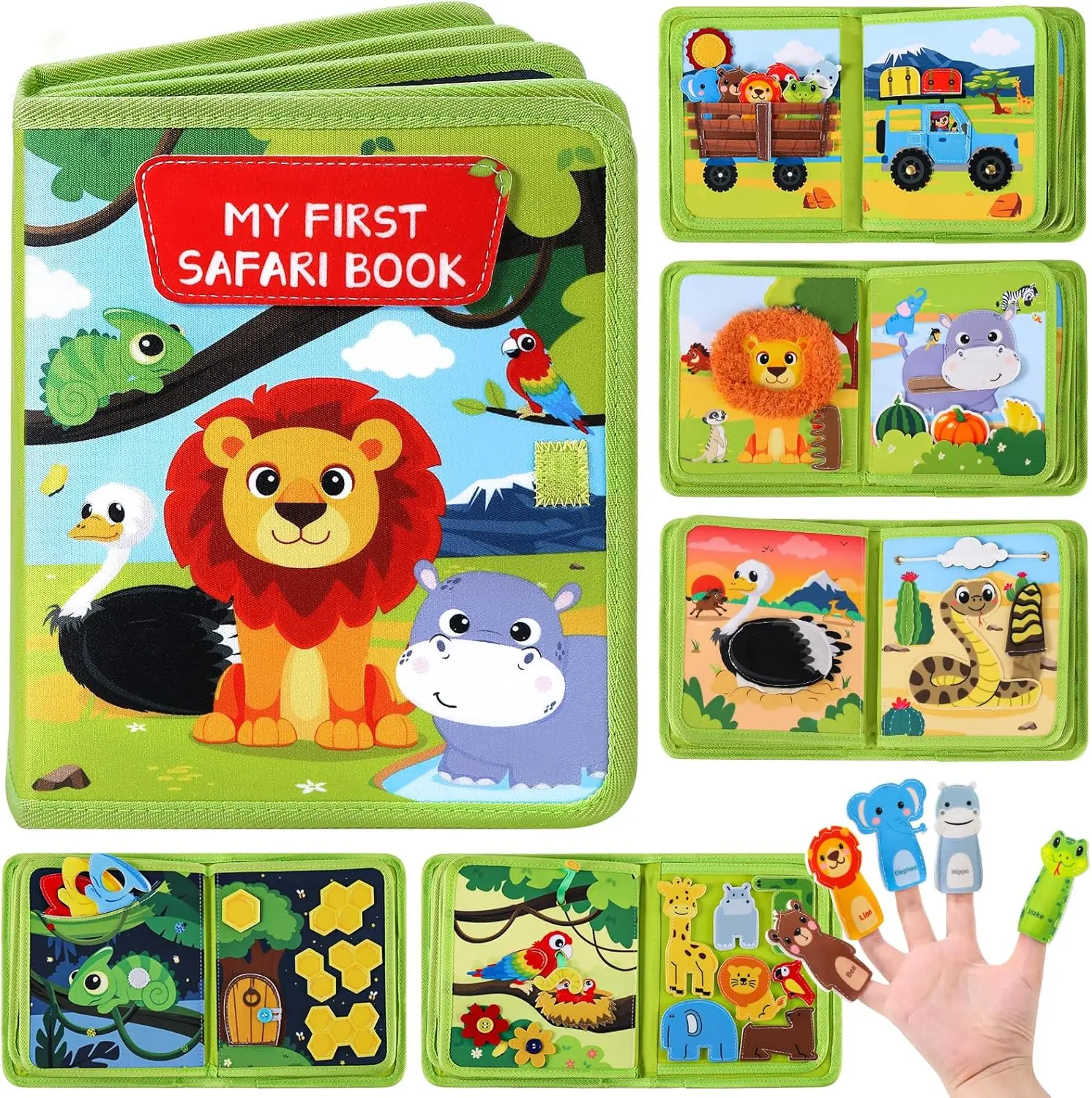 Safari Busy Book for Toddlers 1-3, 20-in-1 Montessori Quiet Book, Wild Animals Felt Busy Board with Finger Puppets, Airplane Travel Toy and Birthday Gift for Boys and Girls