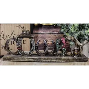 Rustic Western Cowboy Sign Ropes Hat Horseshoes Faux Barnwood Desktop Plaque