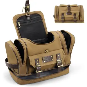 Travel  Toiletry Bag for Men,  Canvas Large Toiletry Bag with 7 Compartments, Camping Gym Travel Toiletry Kit Organizer with PVC Wet & Dry Pockets, Personalized Wash Bag, Brown