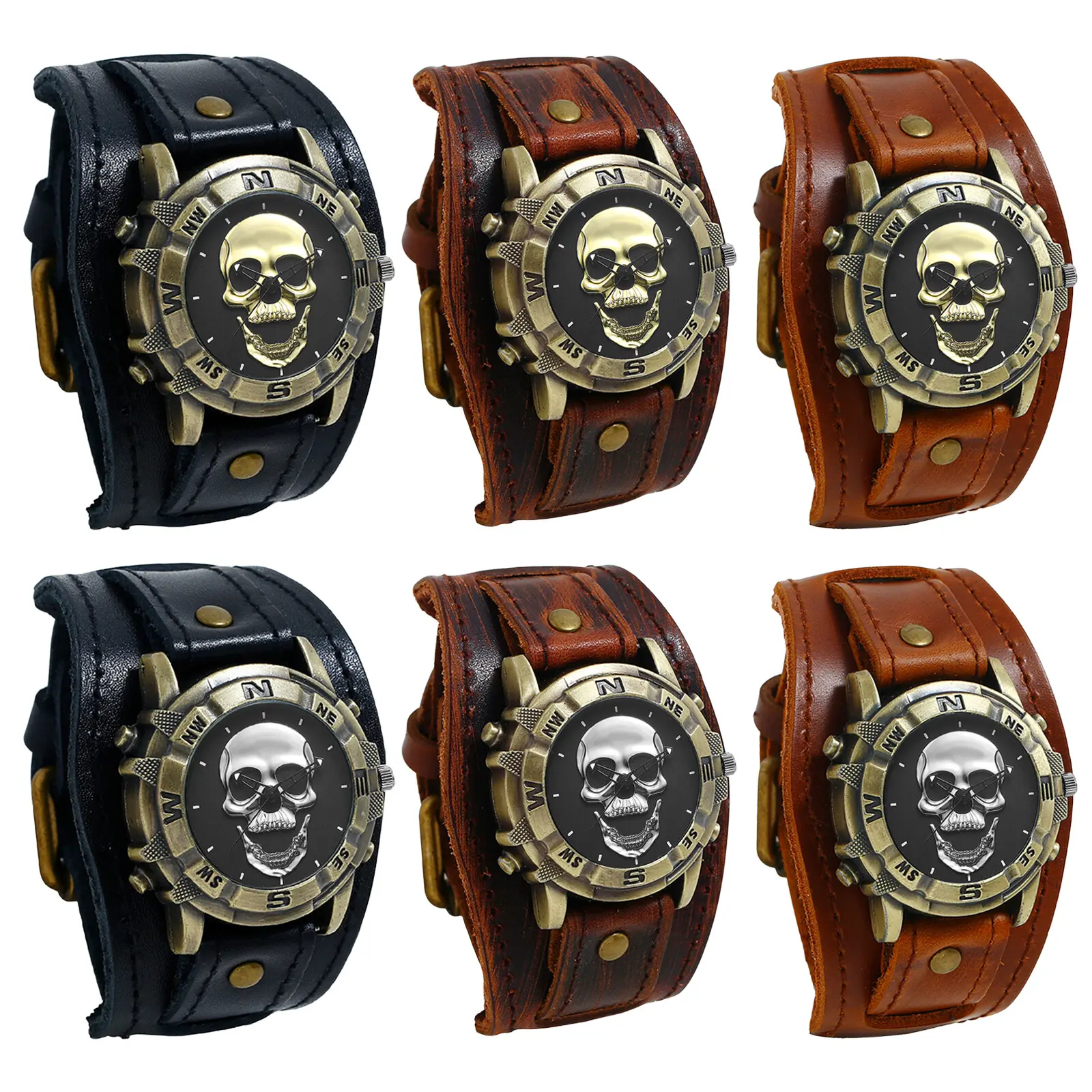 Men's Biker Halloween Skull Decor Wide Wrist Watch Casual Geniune Leather Strap
