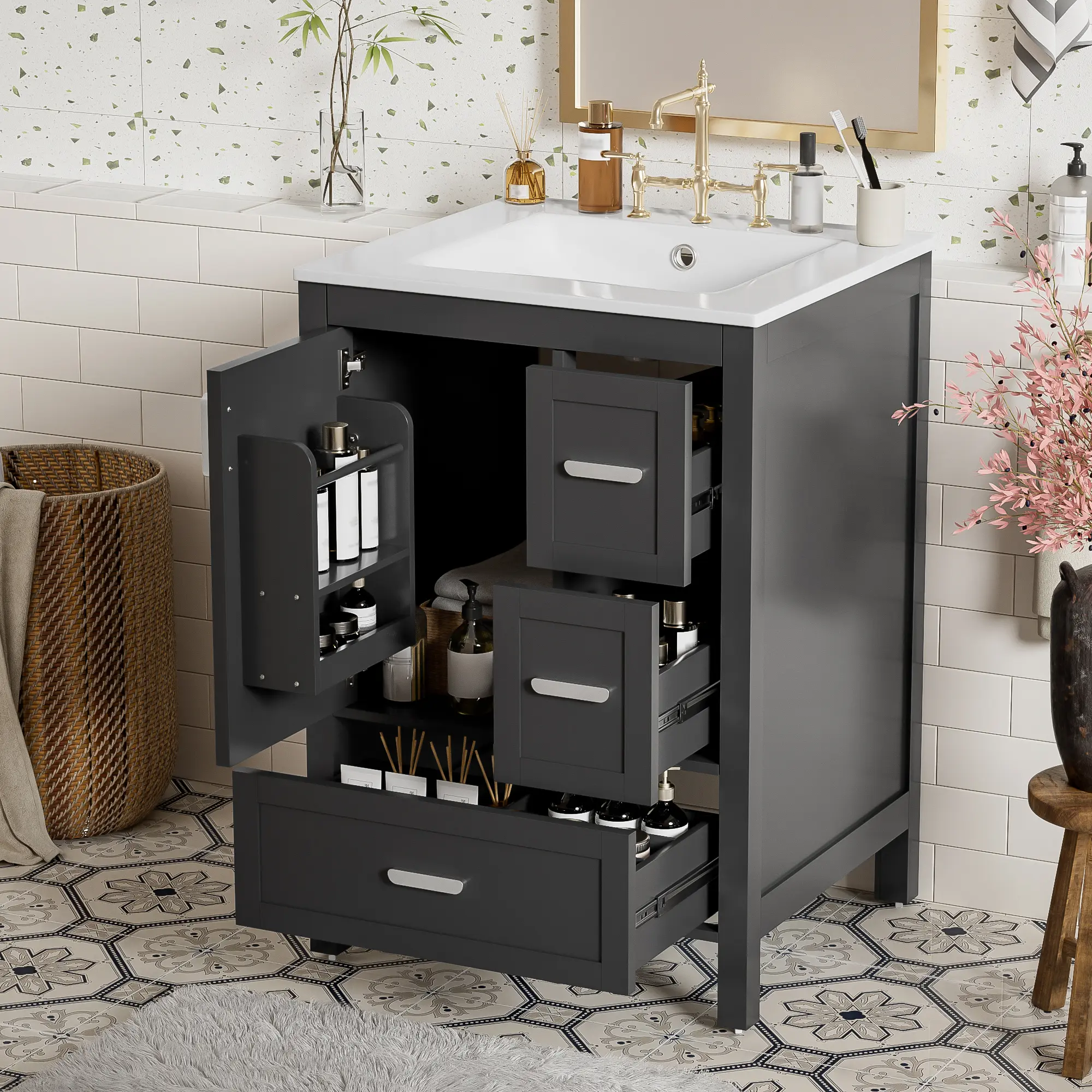 24-Inch Bathroom Vanity in Black with Ceramic Basin, Soft-Close Door, Double-Layer Shelf, and 3 Drawers – Solid Wood & MDF