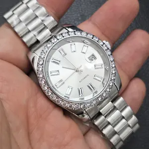 Men's Automatic Stainless Steel Iced Watch Luxury Calendar Hip Hop Style Bling Iced Wristwatch Casual Analog Casual