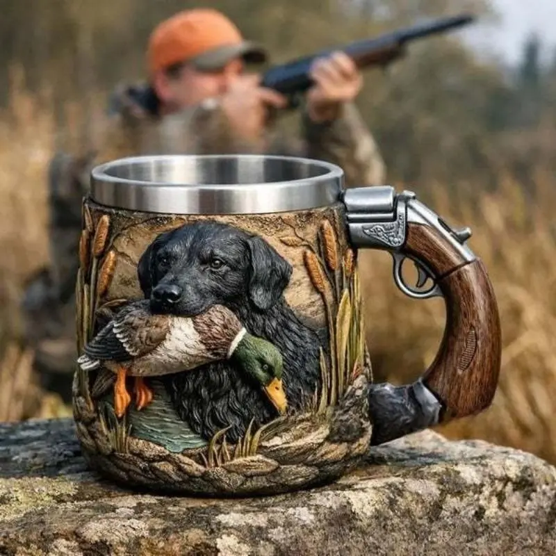 Hunting Dog & Duck 3D Sculpted Mug - Gun-Handle Stainless Steel Coffee Cup for Hunters, Outdoor Use, Camping; Sturdy Home Supplies Drinkware with Drink Functionality, Washable Feature Beverage Mug
