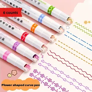 6 Different Fine Line Flower Contour Pens, Various Curve Shapes, Note-Taking Stationery, Color Marking Pencils, Art Supplies, Marker Highlighter