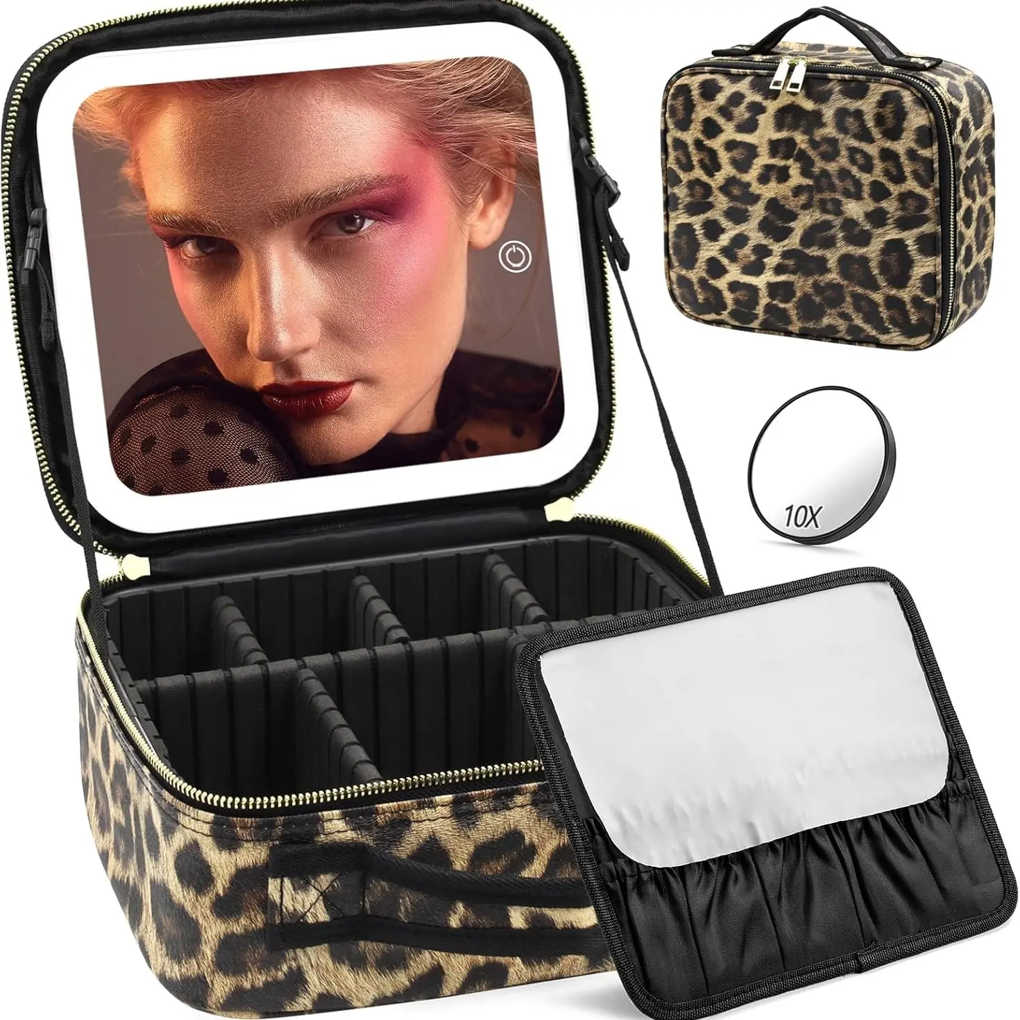 Portable LED Light Makeup Case, Rechargeable Cosmetic Bag with 3 Lighting Modes, Detachable 10x Magnifier, Adjustable Compartments, Women's Travel Organizer, Cosmetics Bag, Cosmetic Storage Bag, Cosmetic Travel Bags