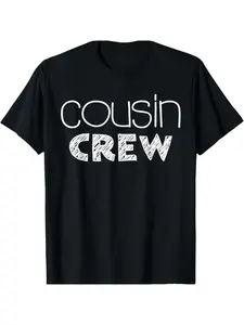 【Comfortable Fit 】 Cousin Crew Adult & Child Matching T-Shirt-Black Cotton Regular T-Shirt with bold white lettering, comfortable and stylish casual wear for family gatherings, minimalist style, breathable comfort, for men, home leisure