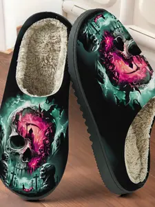 Cyborg Gothic Skull Cotton Slippers, Plush Lined Anti-Slip Thick Sole Rubber, Home Cybergoth Lover Fall Winter Warm Shoes