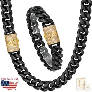 Cuban Link Chain Black Necklace with Initial Letter with Bling Bling Ice-Out CZ for Men Boys 14mm 18K Gold Stainless Steel Hip Hop Miami Curb Chains Necklace jewelry men