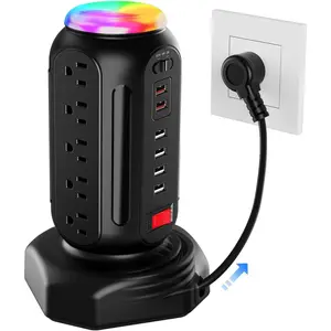 Multiple Outlets Power Strip Tower with Colorful Nightlight, 15 AC Outlets and 6 Fasting USB Ports, 6.5ft Extension Cord, 900J Surge Protector with Outlet Overload Protection for , Office (Black)