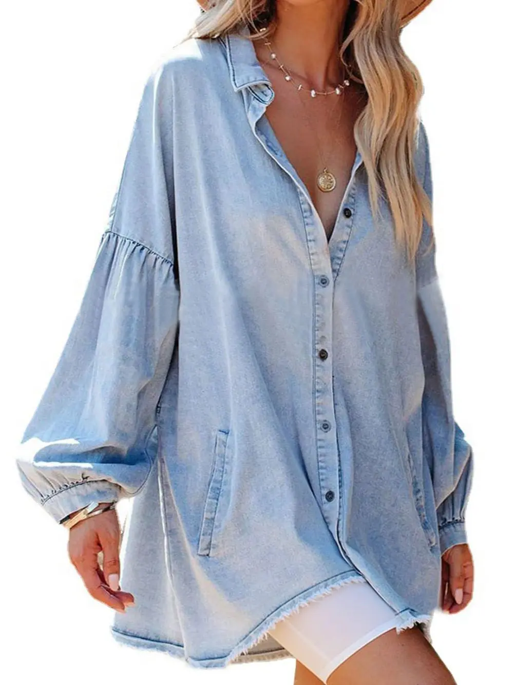 Ebossy Women Oversized Distressed Denim Button Down Shirt Tunic Dress Flowy Mini Jean Dress with Pockets