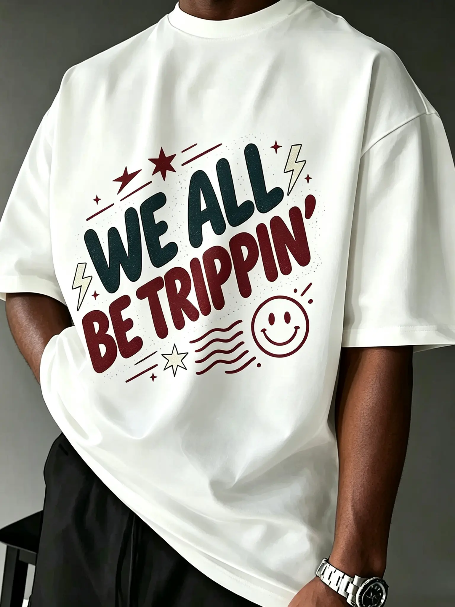 We All Be Trippin Retro Smiley Star Lightning Graphic T-Shirt for Men, Soft 100% Cotton Crewneck Funny Casual Streetwear Tee