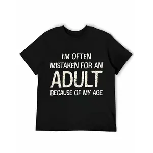 Cotton Men's Crew Neck Printed T-Shirt - Fun "I'm Often Mistaken for an Adult" Print, Slightly Elastic, Machine Washable, Suitable for All Seasons Casual Summer T-Shirt