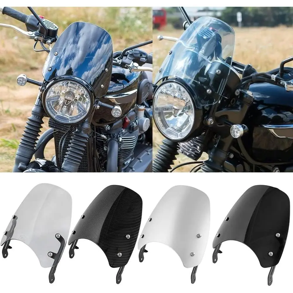 Polycarbonate Double Bubble Motorcycle Windshield Deflector - Classic, Light Smoke, Carbon Look, Extra Thickness, Abrasion Resistant, Easy Screw Install, Airflow Control, Improves Appearance - Flyscreen Visor for Triumph Bonneville T100/T120 (2016-2020),