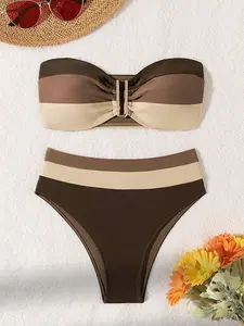Women’s strapless colorblock bandeau bikini set with metal ring detailing and high-waisted tummy control bottoms, designed in earthy neutral tones to flatter curvy figures and elevate summer resort looks in stretchy nylon-spandex swimwear.