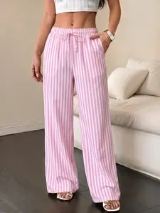 Women’s striped wide-leg pants with a drawstring elastic waist and side pockets—comfortable casual long pants for home and suitable for commuting; a summer essential.