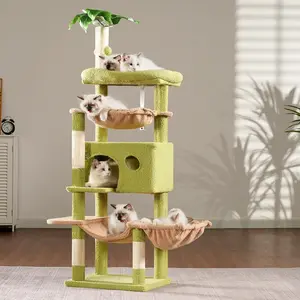 Hey-brother Cat Tree, 59 inches Cat Tower for Indoor Cats, Large Cat Condo with Top Perches, Double Basket, Leaf, Hammocks, Multi-Level Plush Scratching Posts, Green and Yellow