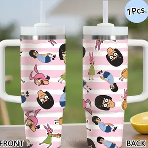 Cartoon Bob's Burgers Vacuum Flasks 40oz Stainless Steel Funny Dad Tumbler with Handle & Straw, Vacuum Insulated Travel Mug Keeps Drinks Cold Up to 12 Hours, Leak-Resistant Cup for Iced Coffee, Water, Office, Gym or Travel