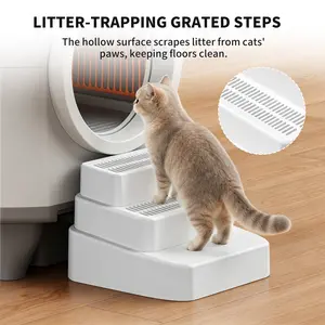 Cat Litter Box Stairs with Litter-Trapping Grated Steps, Convertible 2 or 3 Step Cat Pet Ramp for