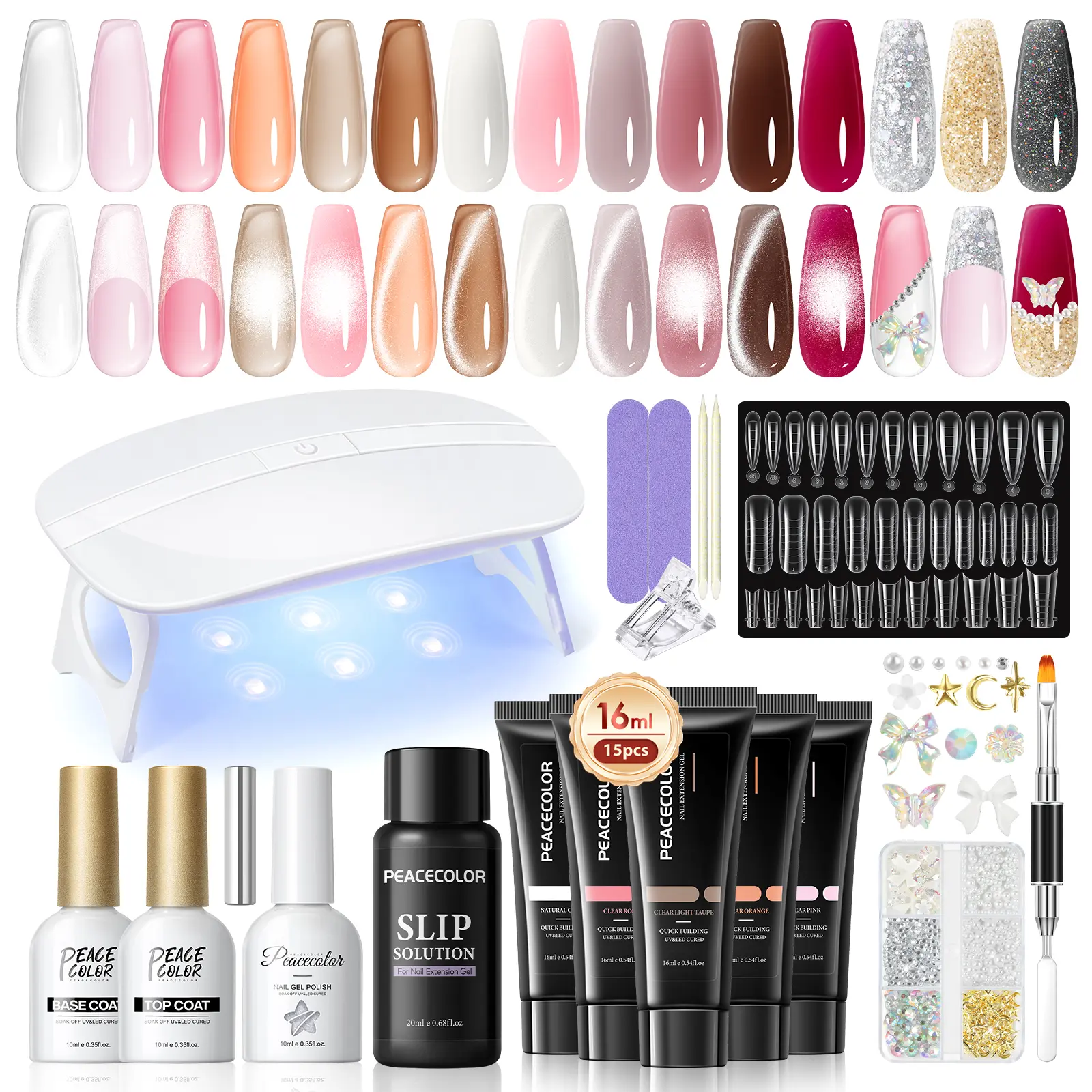 PEACECOLOR Poly Nail Gel Kit with UV Light Poly Nail Extension Gel Cat Eye Nail Polish Glossy Top Coat Rhinestones Starter Kit for Home Salon DIY Gifts