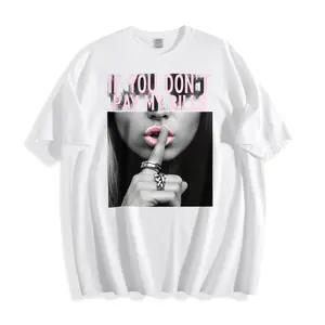 A casual street-style T-shirt suitable for both men and women. It features bold text and eye-catching black and white photos. In the photo, a woman with pink lipstick places her finger on her lips and writes, "If you don't pay my bill."