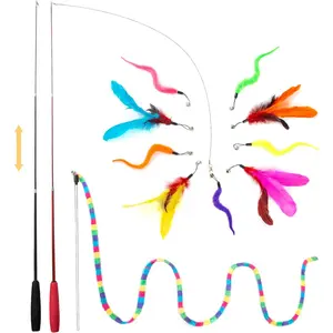 Interactive  Kitten Wand  Set,2 Retractable Fishing Pole+1 Rainbow Teaser Wand+9 Refills +2 Spare Hook,Funny   Toys for Indoor Cats and Kittens to Chase Exercise(14 Pack)