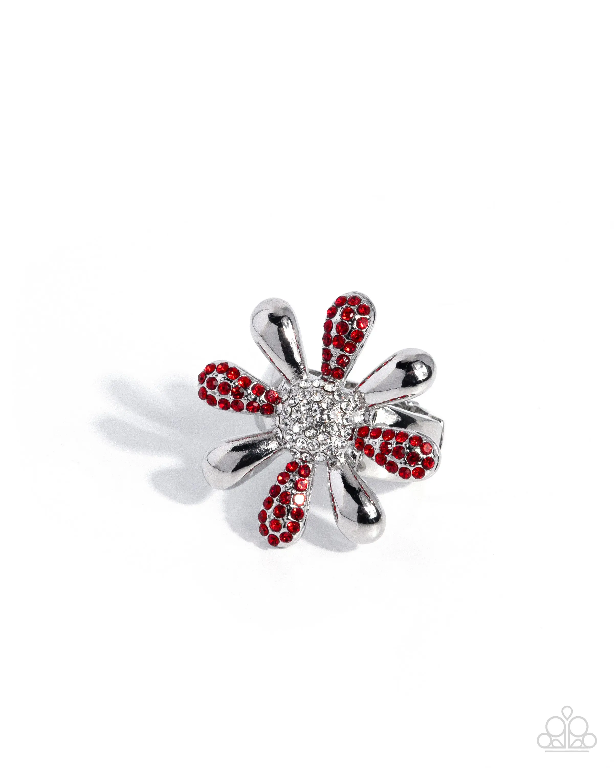 Finite Floral - Red Rhinestone Silver Flower Ring - Paparazzi