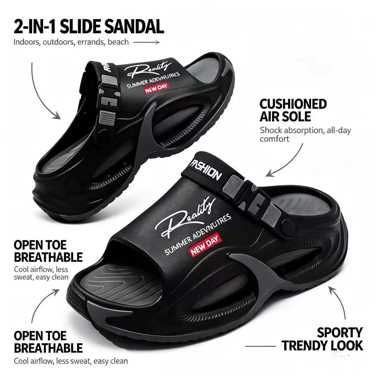 Men’s Lightweight EVA Slip-On Clogs - EVA Upper, Letter Print, Cute, Breathable Thick Non-Slip Sole, Evening Party Indoor-Outdoor Comfort Recovery Footwear, Unisex Black Streetwear Casual Athletic Ankle Shoes, Flexible Modest Basic All Sizes, Holiday
