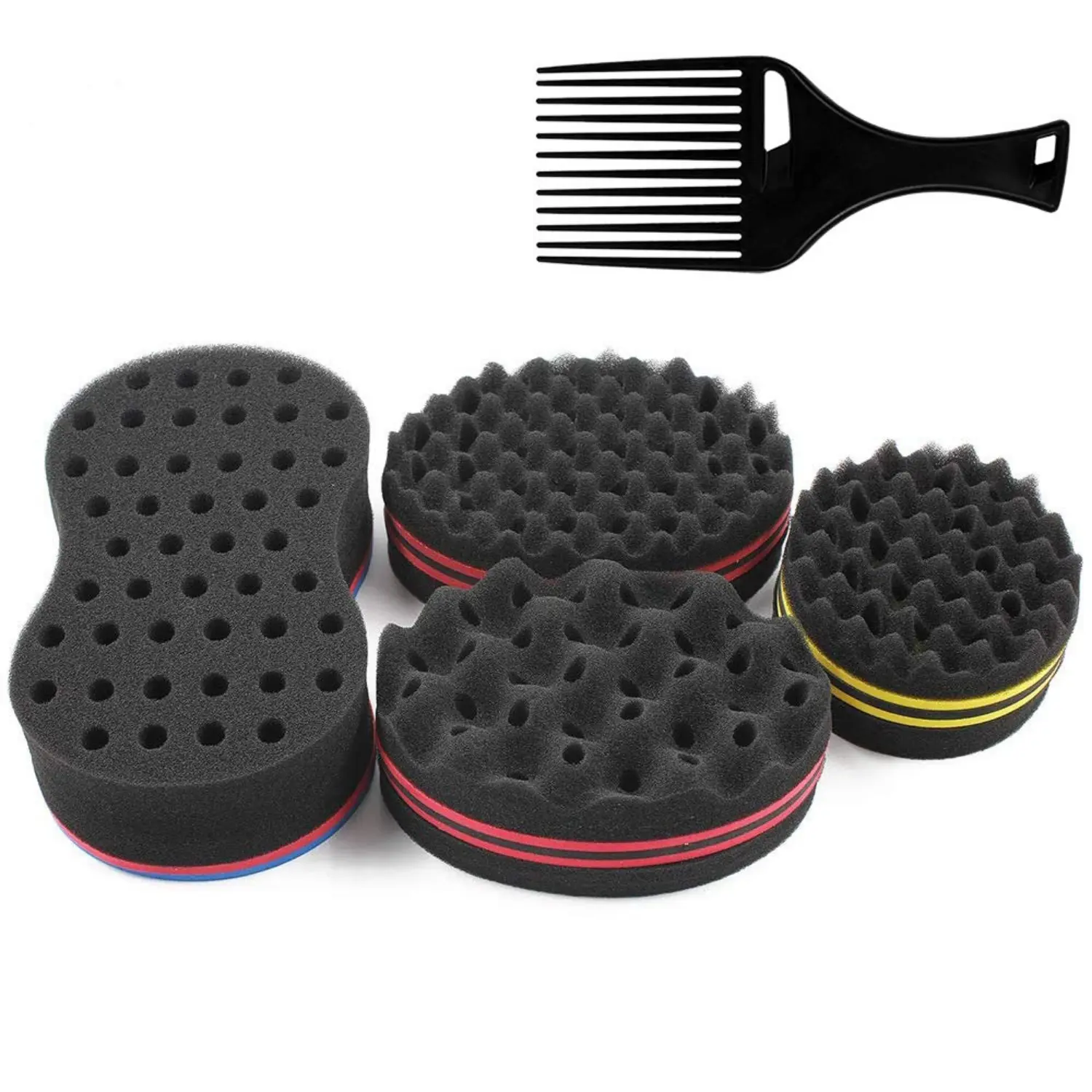 4Pcs Double-Sided Multi-Size Travel Size Hair Styling Sponge Brushes with Black Comb - Reusable Curl Sponge Twist Grooming Tool for Males Teenagers Damp Hair Home Improvement Accessory