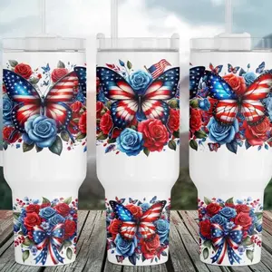 Butterfly Brand 40oz Butterfly Homemade Sublimation Design Patriotic American Flag & Roses Tumbler