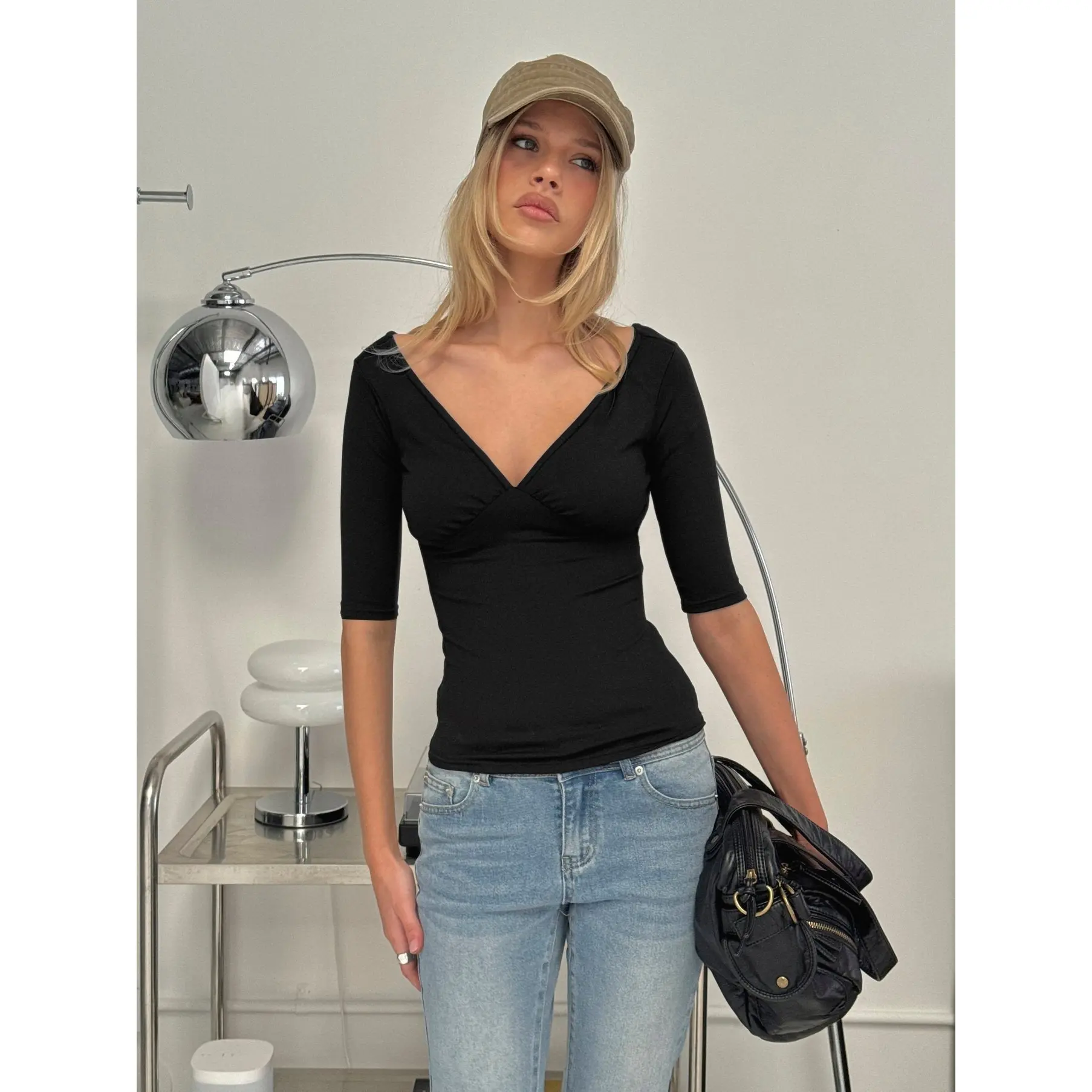 Daily Define Off Shoulder V Neck Top Black