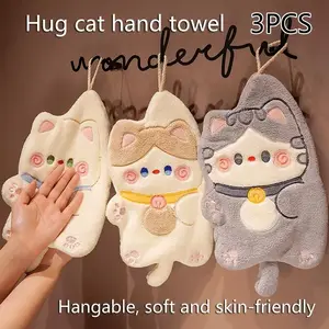 3-Pack Cute Cat Hand Towels, Coral Fleece Super Absorbent, Quick Dry, Hangable Kitchen & Bathroom Towels, Finger Tip Size
