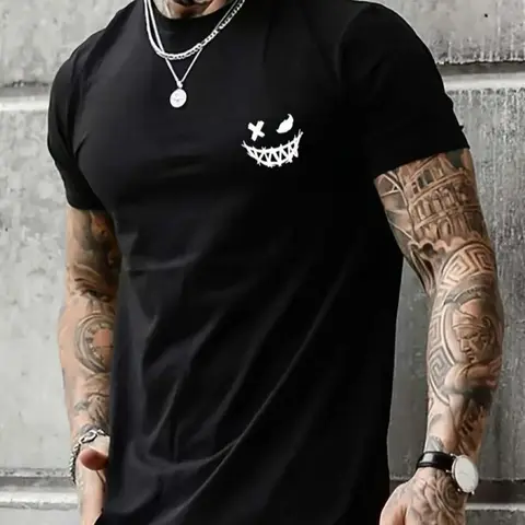 Men's Regular Fit Casual Cartoon Print Round Neck Tee, Short Sleeve T-Shirt for Men, Casual Comfy Knitting Top for Summer