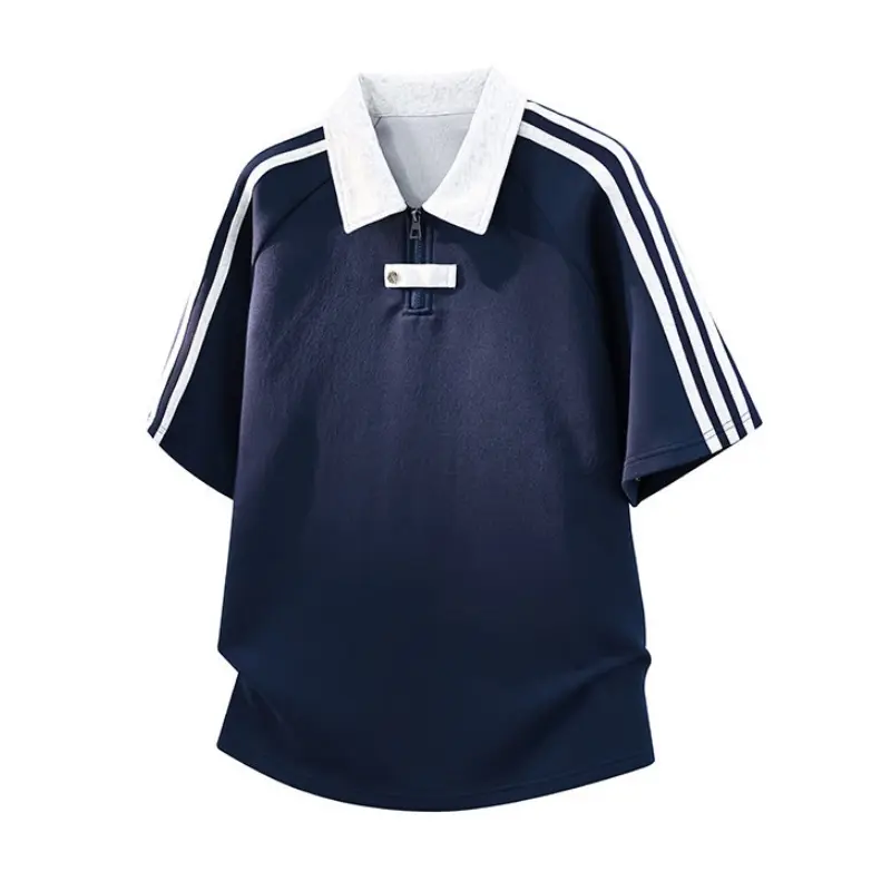 Men's Color Block Lapel Half-Zip Short Sleeve Polo Shirt, Raglan Top With Three Side Tapes & Label Decor, Casual Sports Tee For Men Spring Summer Campus Daily Wear#SummerWins