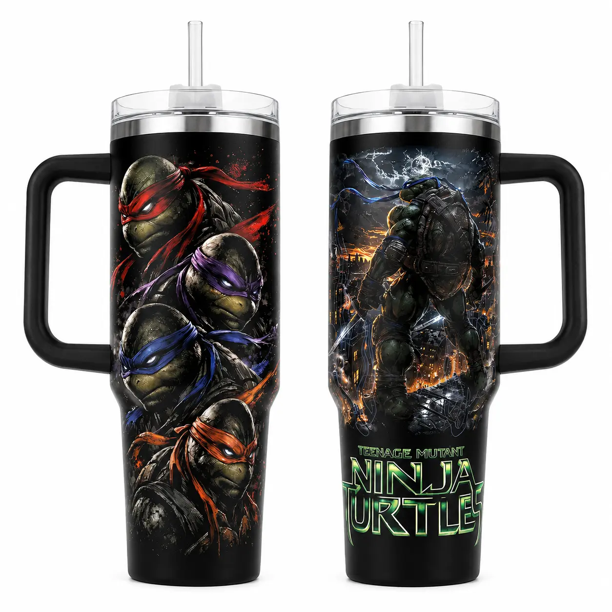 Ninja Squad 40oz Insulated Tumbler with Handle,TMNT 30oz Tumbler No Handle 90s Mutant Brothers Travel Mug, Martial Arts Turtle Double Printed Vacuum Flask, Gift for Movie Fans, Heavy Duty Stainless Steel Cup with Straw Water Bottles Drinkware