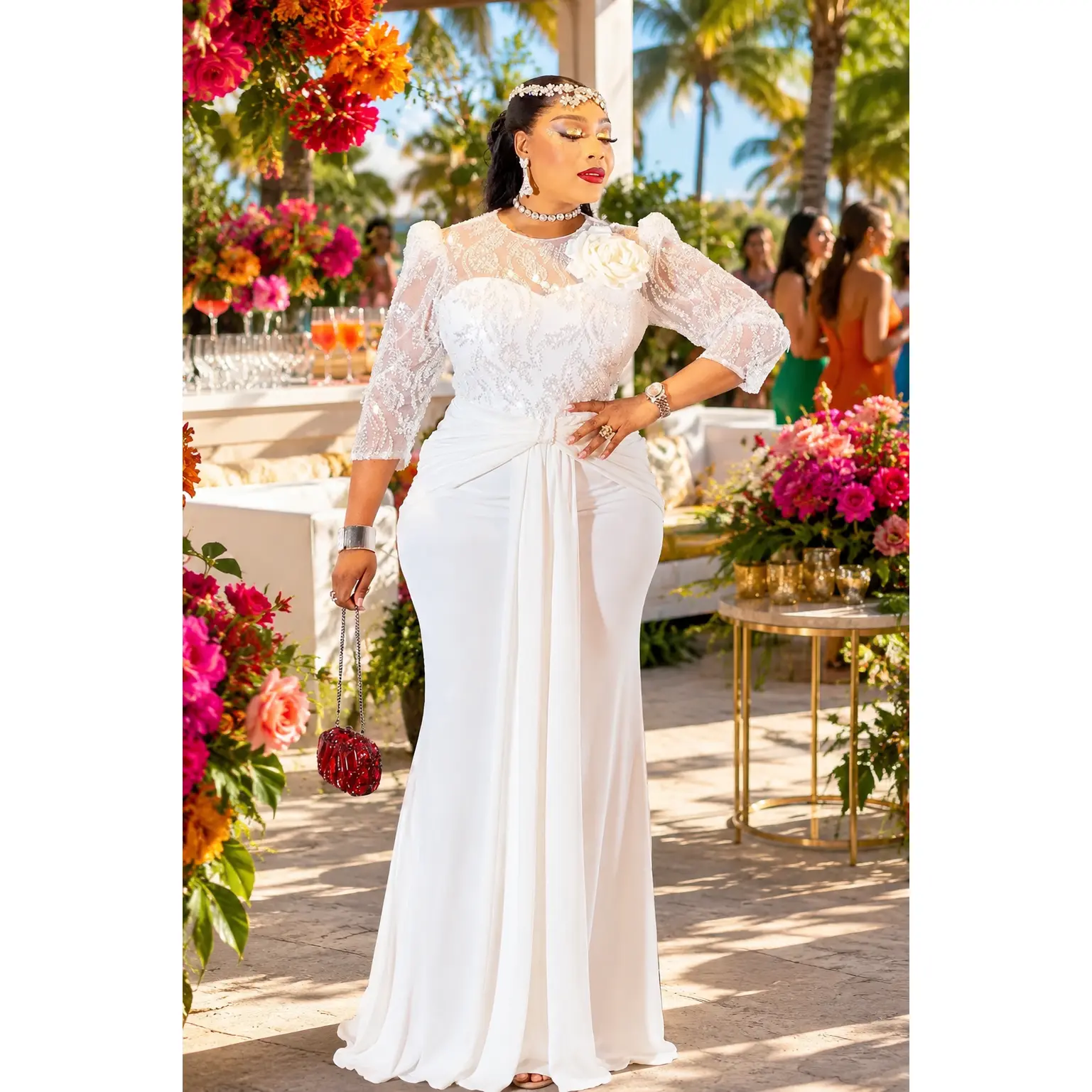 Classy White Sequin Embellished 3D Flower Ruched Draped Maxi Dress for Wedding Guest Birthday Party Mother of The Bride Outfit Cocktail Reception Formal Evening Gown Turkish Womenswear