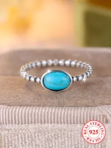 S925 Sterling Silver Boho Style Turquoise Decorated Ring, Fashion Jewelry for Party, Daily Clothing Decor, Trendy All-match & Exquisite Jewelry for Birthday Gift