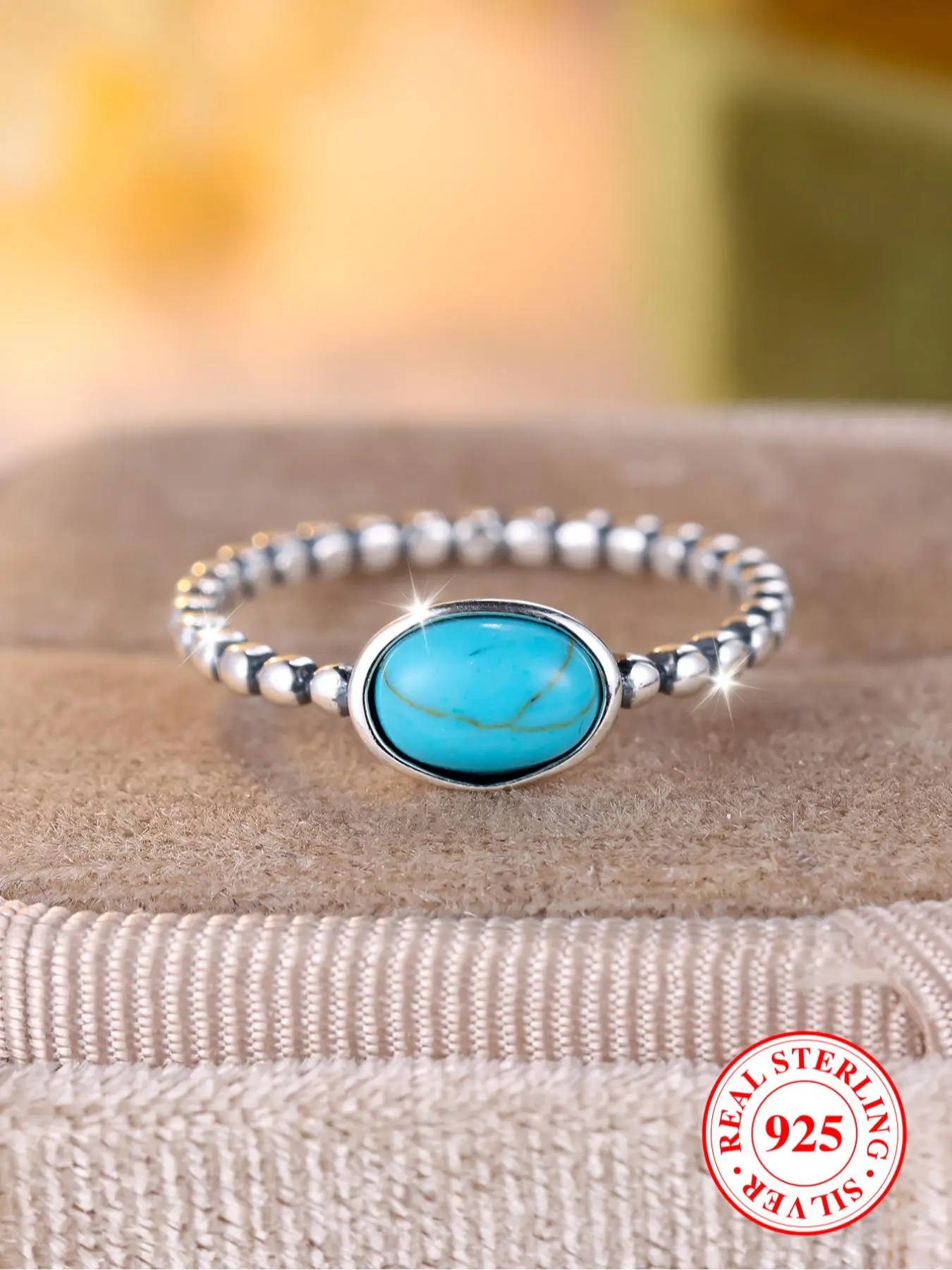 S925 Sterling Silver Boho Style Turquoise Decorated Ring, Fashion Jewelry for Party, Daily Clothing Decor, Trendy All-match & Exquisite Jewelry for Bi