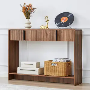 Giratree Mid-Century Modern Narrow Console Table with 2 Drawers, Fluted Design, Curved Edges, Slim Sofa Table for Living Room, Entryway, Hallway