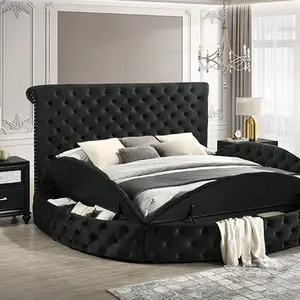 Crown Mark 5202BK Danbury black colored fabric tufted round queen storage bed