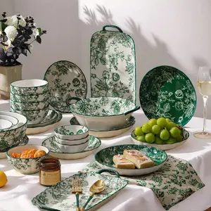 4/6/8/12/16/24 piece set of ceramic Dinnerware Service Set , French retro style, green rose pattern-highly chip and crack resistant dishes set dishwasher, microwave & oven safe kitchen plates and bowls set