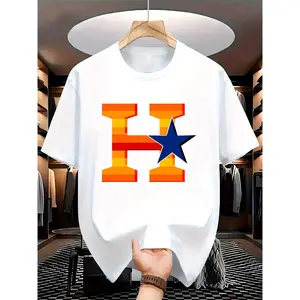Men's Houston Baseball Graphic T-Shirt- Orange and Team Spirit Design with H and Logo, Machine Washable Casual Crew Neck T-Shirt, Suitable for Sports Occasions, Team Building, and Casual Outfits- Adult Fan Apparel Crewneck Knit