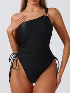 Women's New Style One-Shoulder Solid Color Slim Fit Drawstring Jumpsuit Swimsuit, Stylish Beachwear Swimwear, Swim Bodysuit