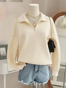 Women's Solid Color Half-Zip Pocket Basic Casual Fitted Long Sleeve Sweatshirt, Winter Graduation & Back-To-School Season, Comfortable and Stylish, Tops