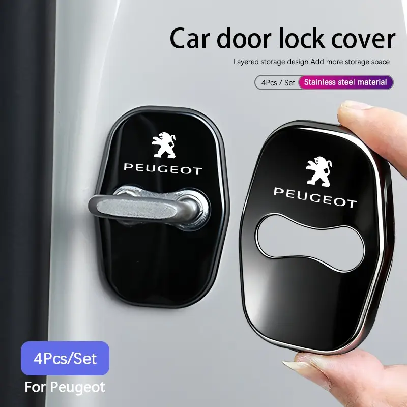 4Pcs Car Door Lock Buckle Protective Covers Zinc Alloy Replacement Cover Automotive Accessories Car Accessory For Peugeot 206 308 208 207 3008 307 2008 508 407 5008 408 4008 Rifter 301 RCZ 108 608 107 607