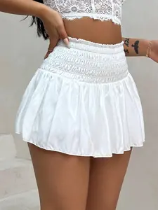 Y2K Style White Elastic Ruched Mini Skirt Womenswear, High Waist Stretch, Flowy Hem, Perfect for Music Festivals, Parties & Summer Casual Wear